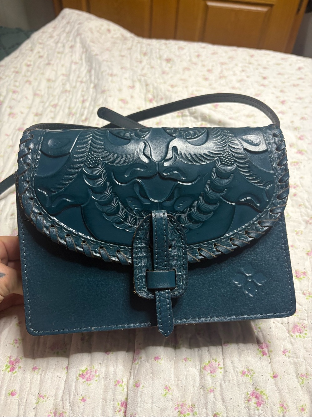 Patricia Nash Teal Embossed Leather Crossbody Bag